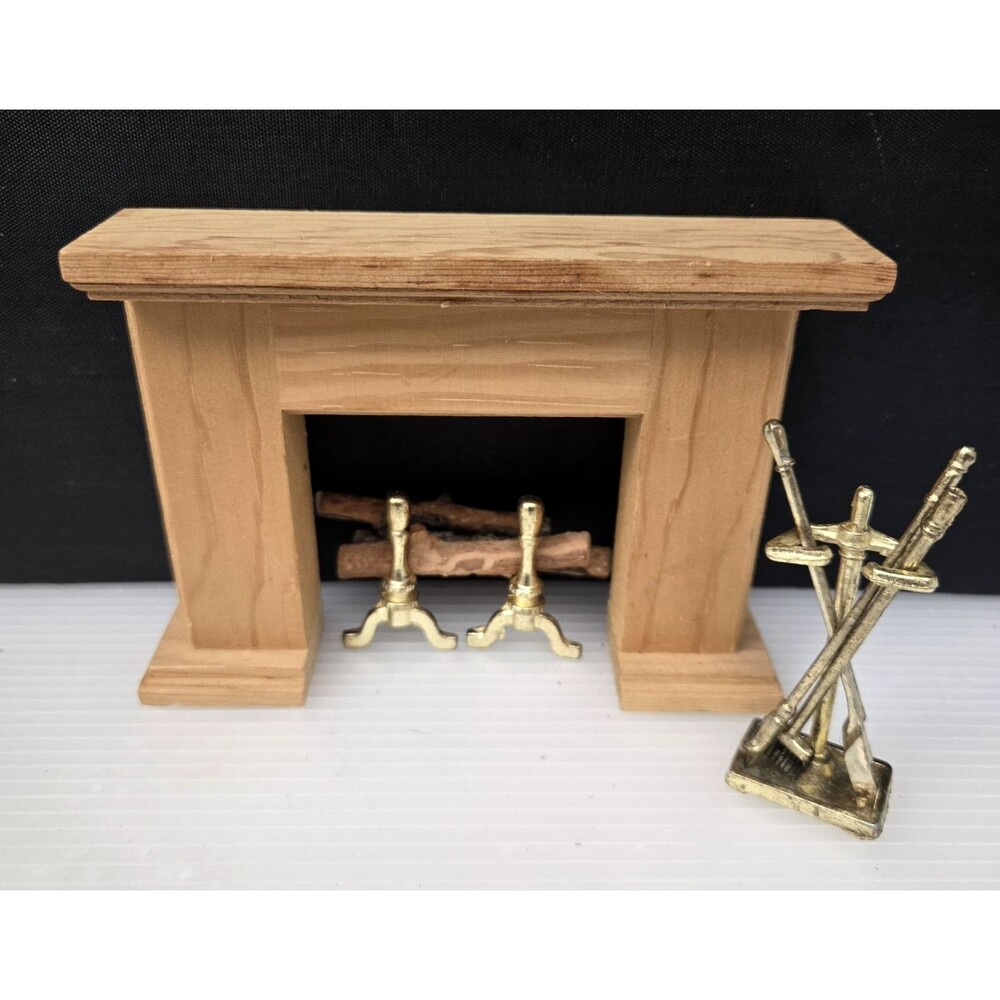 Vintage Dollhouse Miniature Fireplace Set Surround Brass Andirons Tools & Logs
